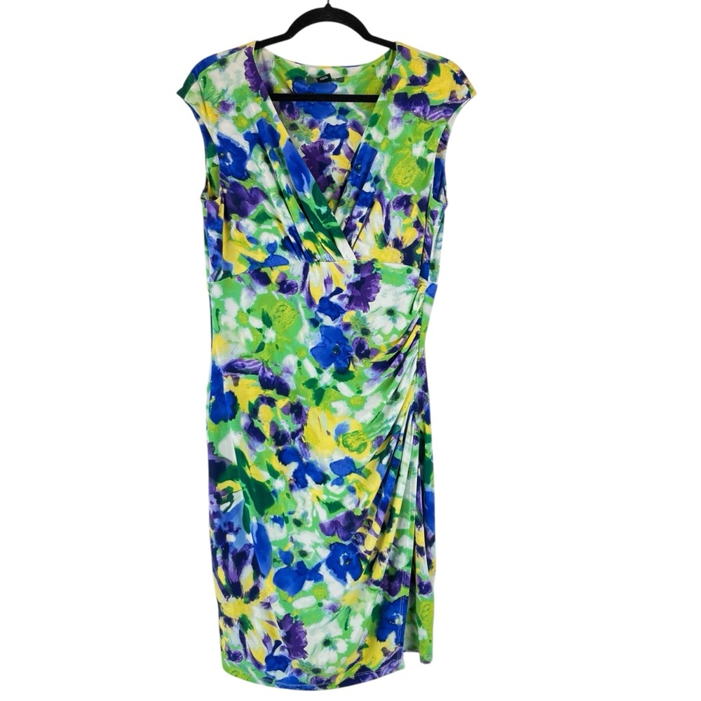 Ralph Lauren Dress Floral Watercolor Green Blue Yellow Ruching Stretch Sz 10